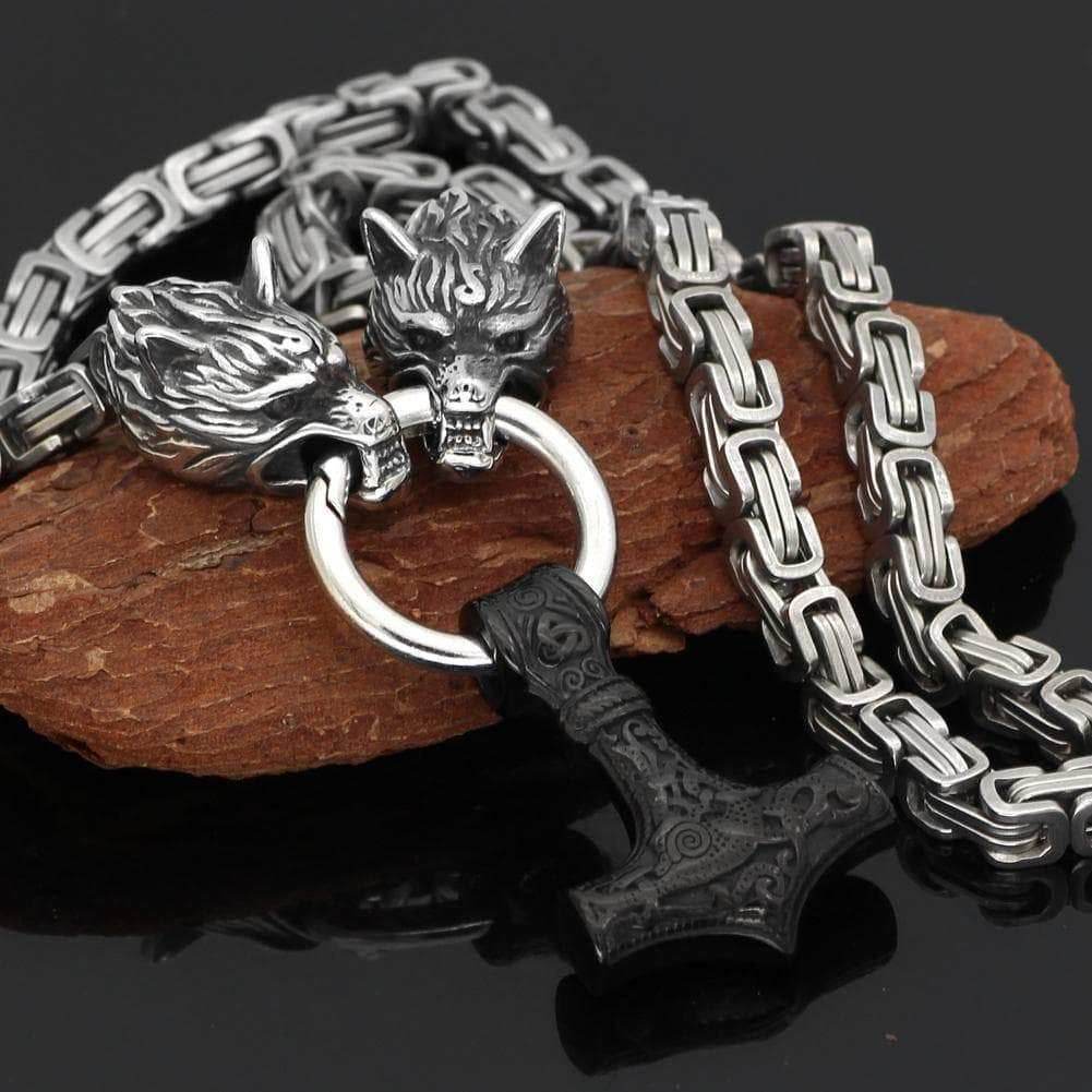 Vikings Wolf Mjolnir Stainless Steel King Chain Necklace - 50CM / 20 Inches