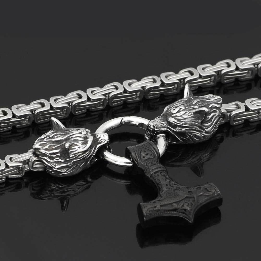 Vikings Wolf Mjolnir Stainless Steel King Chain Necklace - 50CM / 20 Inches