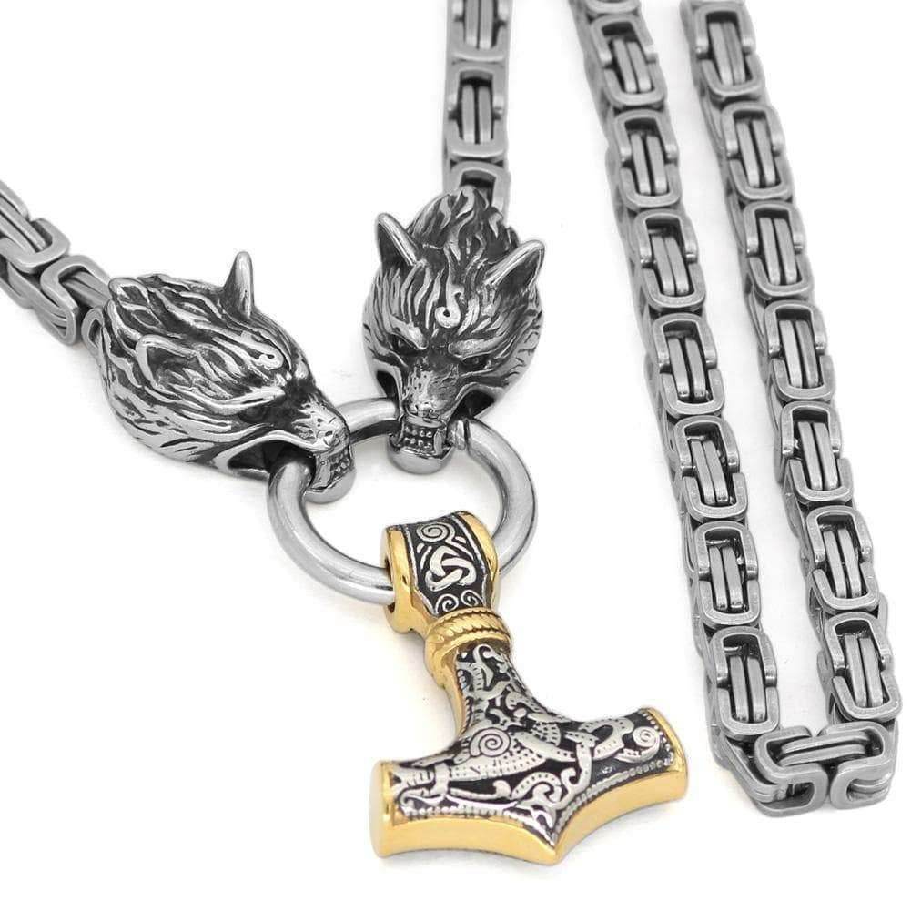 Vikings Wolf Mjolnir Stainless Steel King Chain Necklace - 50CM / 20 Inches