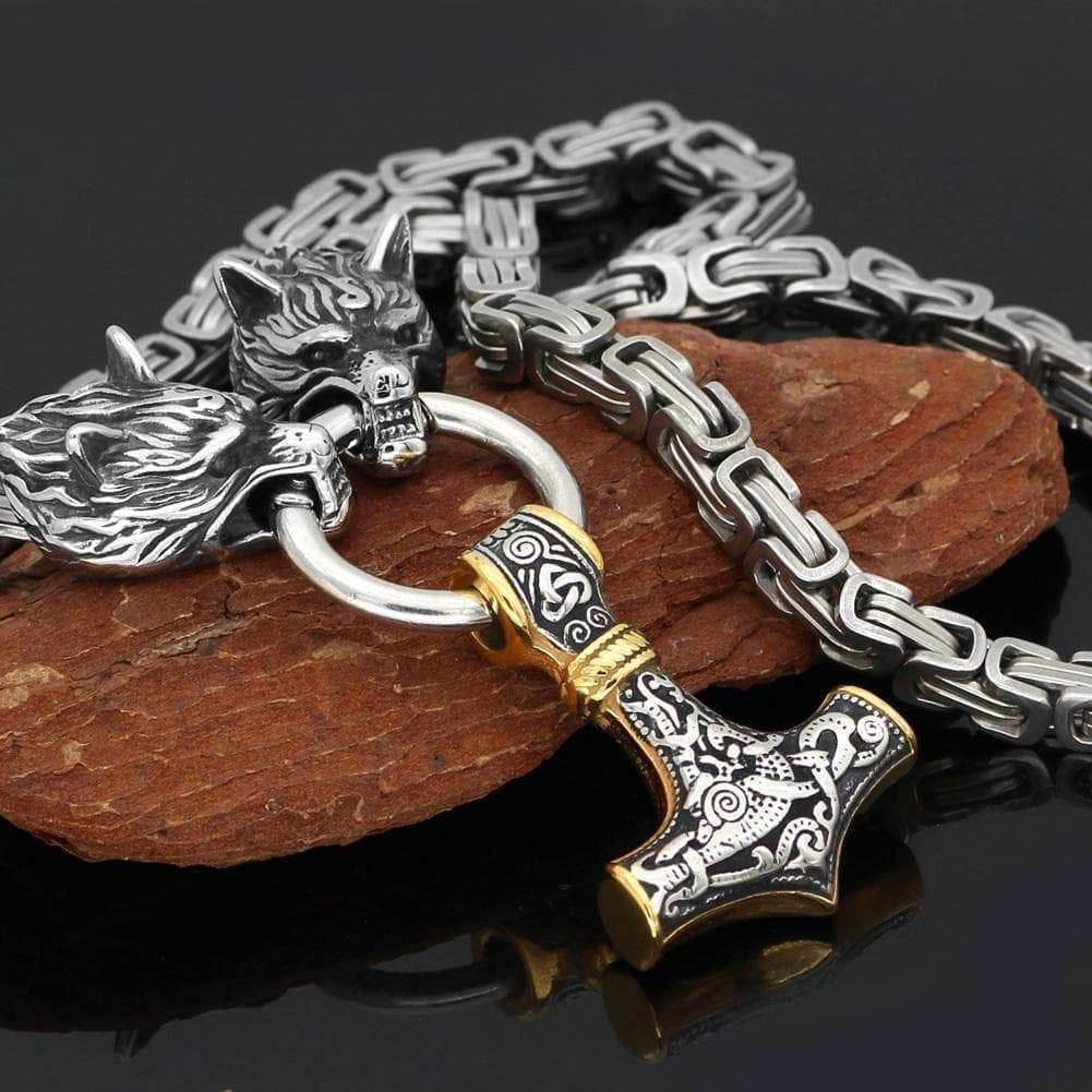 Vikings Wolf Mjolnir Stainless Steel King Chain Necklace - 50CM / 20 Inches