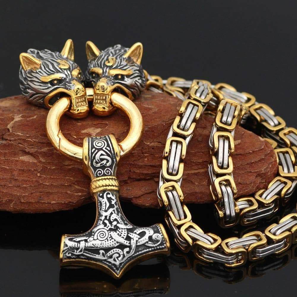 Vikings Wolf Mjolnir Stainless Steel King Chain Necklace - 50 CM / 20 Inches