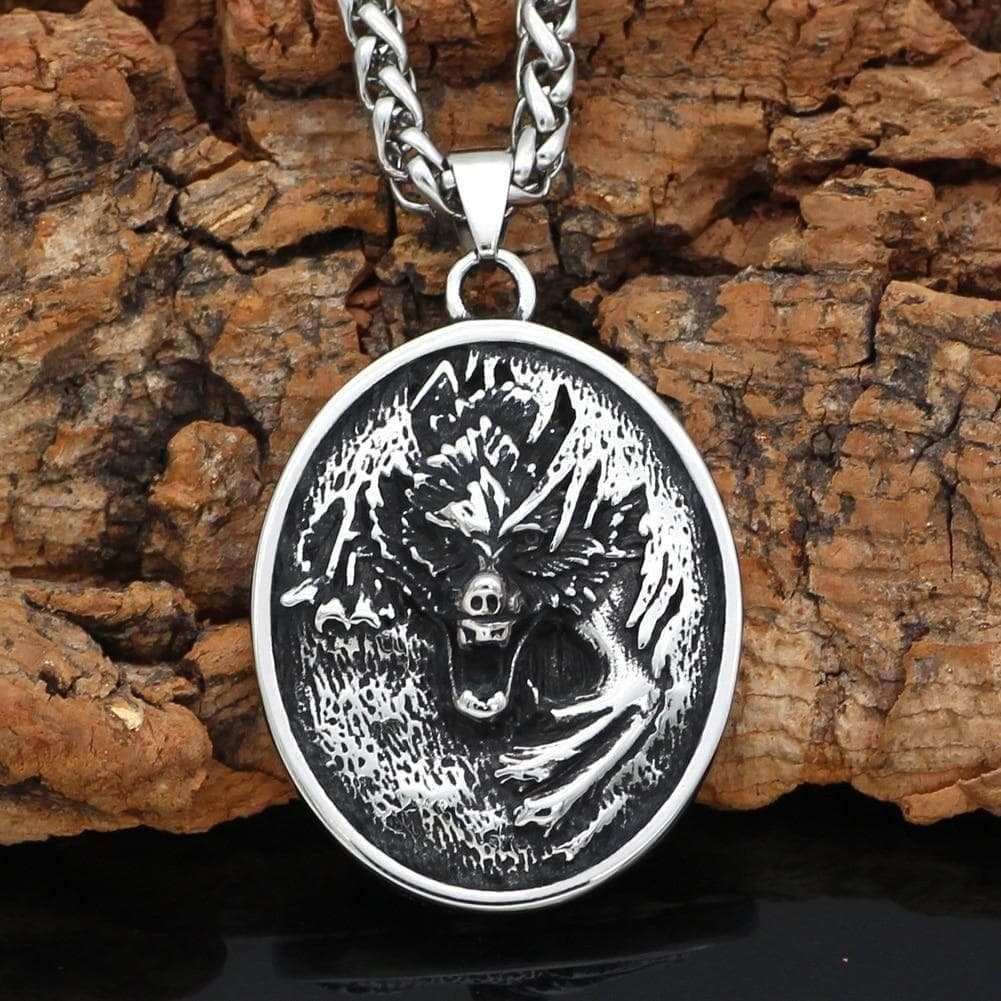 Viking Nordic Wolf - Fenrir Stainless Steel Oval Pendant and Necklace - Pendant and Necklace