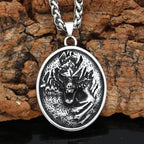 Viking Nordic Wolf - Fenrir Stainless Steel Oval Pendant and Necklace - Pendant and Necklace