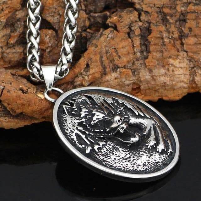 Viking Nordic Wolf - Fenrir Stainless Steel Oval Pendant and Necklace - Pendant Only
