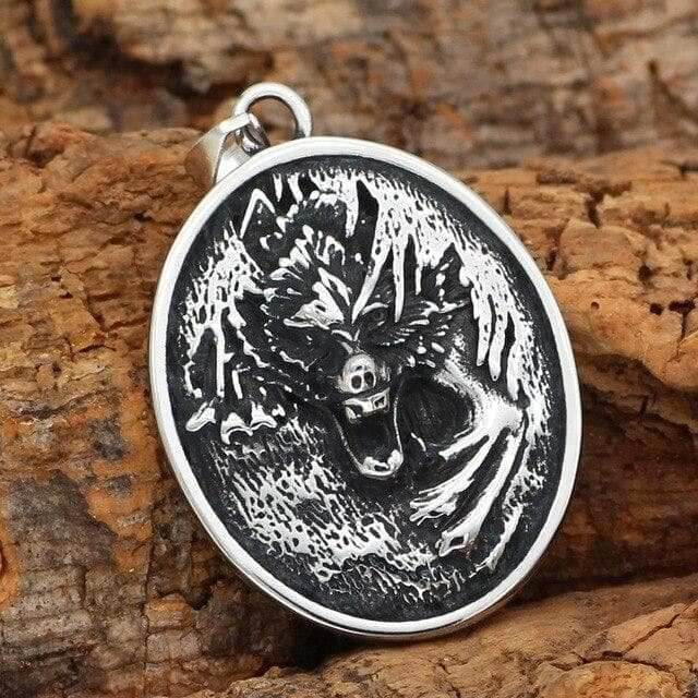 Viking Nordic Wolf - Fenrir Stainless Steel Oval Pendant and Necklace - Pendant Only