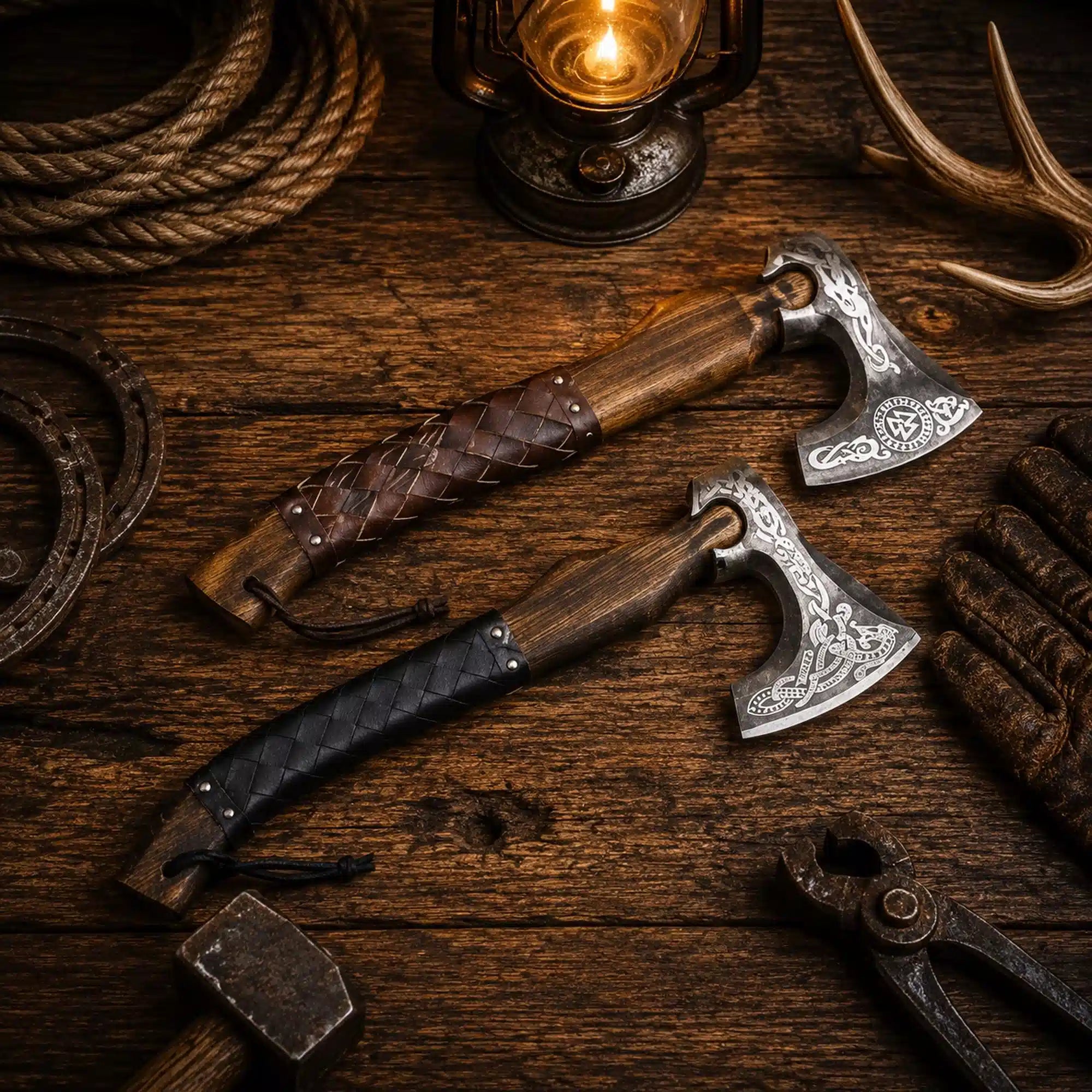 Personalized Norse & Celtic Engraved Bearded Camping Axe with Leather Sheath