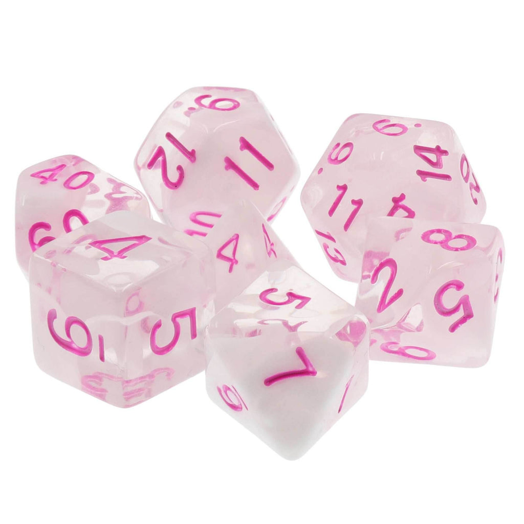 Cloudy Passion Translucent White Swirl Poly Dice Set with Pink (7) RPG DnD HdDice - 