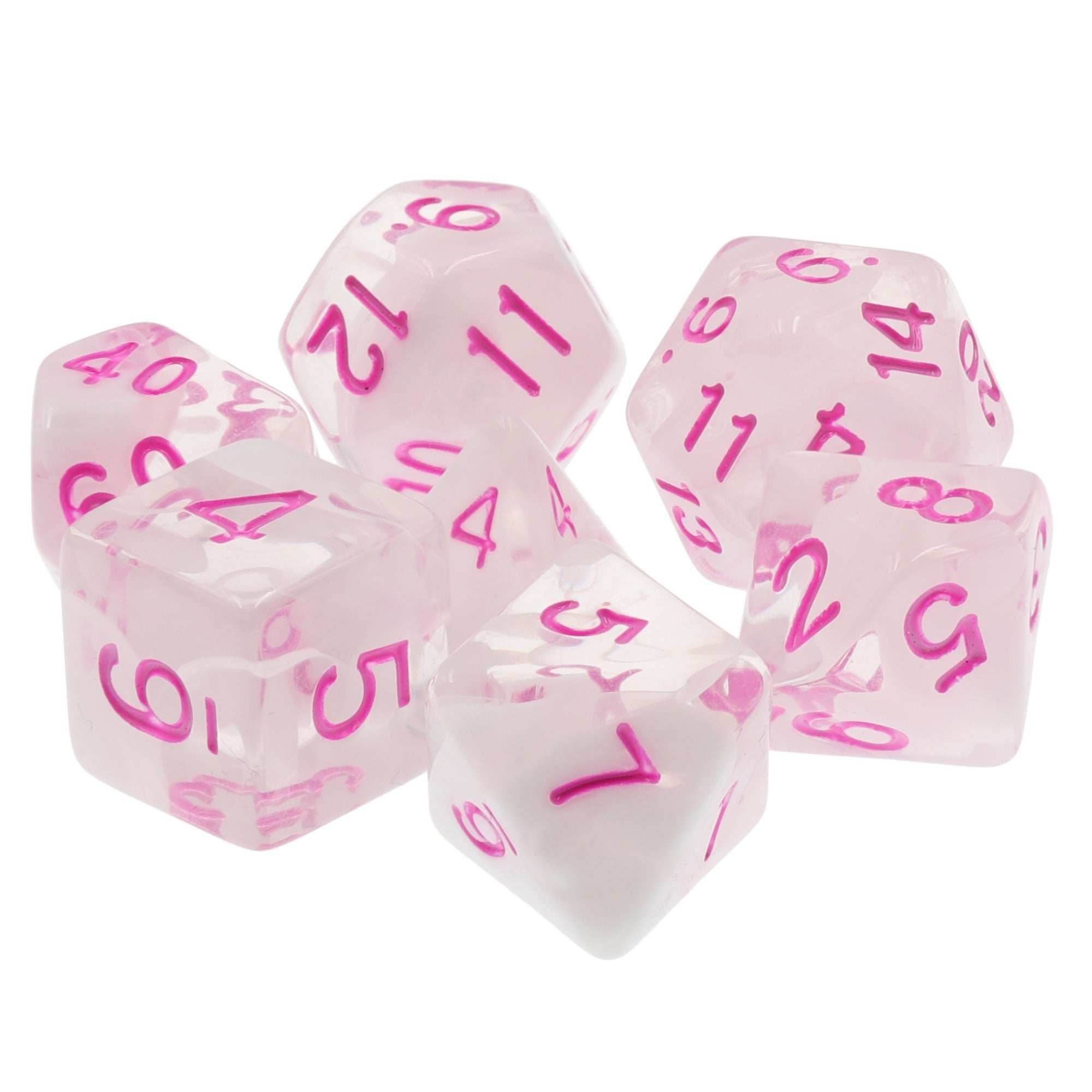 Cloudy Passion Translucent White Swirl Poly Dice Set with Pink (7) RPG DnD HdDice - 