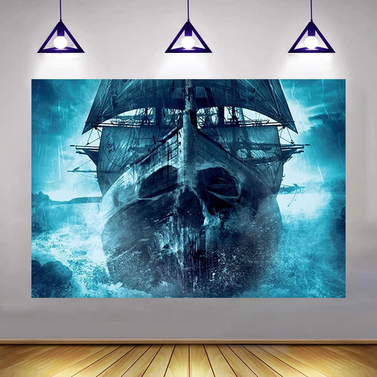 Pirate Ship Sea Rainstorm Backdrop Ghost Banner Haunted Game House Party Decorations Photography Fantasy Horror Island Room