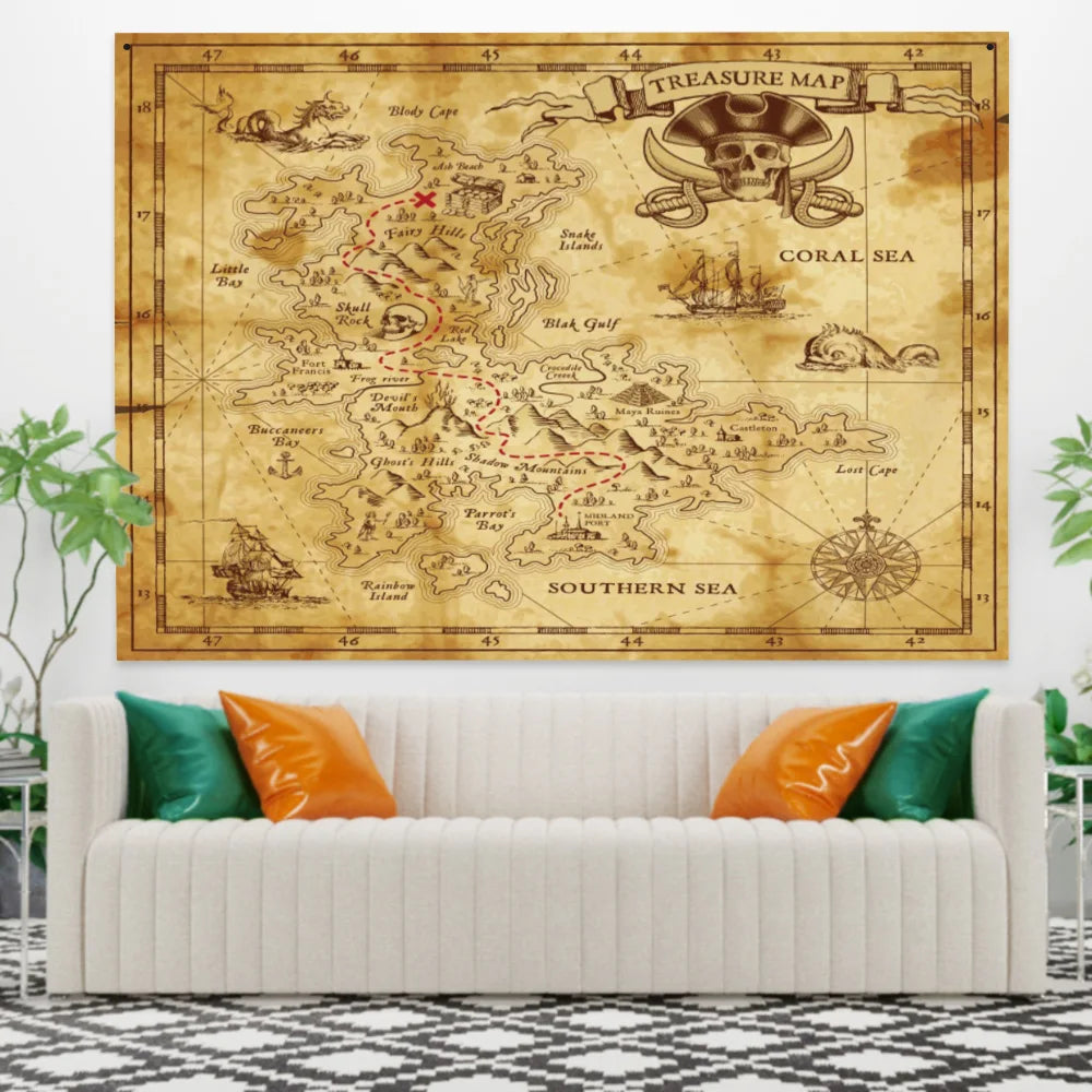 Pirate Theme Skeleton Tapestry Wall Hanging Treasure Map Tapestry Decoration Art for Bedroom Living Room Dorm Home Decor