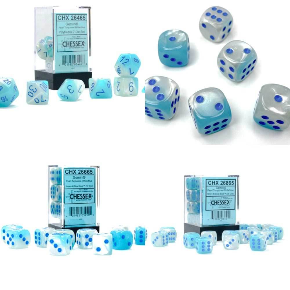 Gemini® Polyhedral Pearl Turquoise-White/blue Luminary™ 7-Die Set /16mm/12mm - 7-Dice