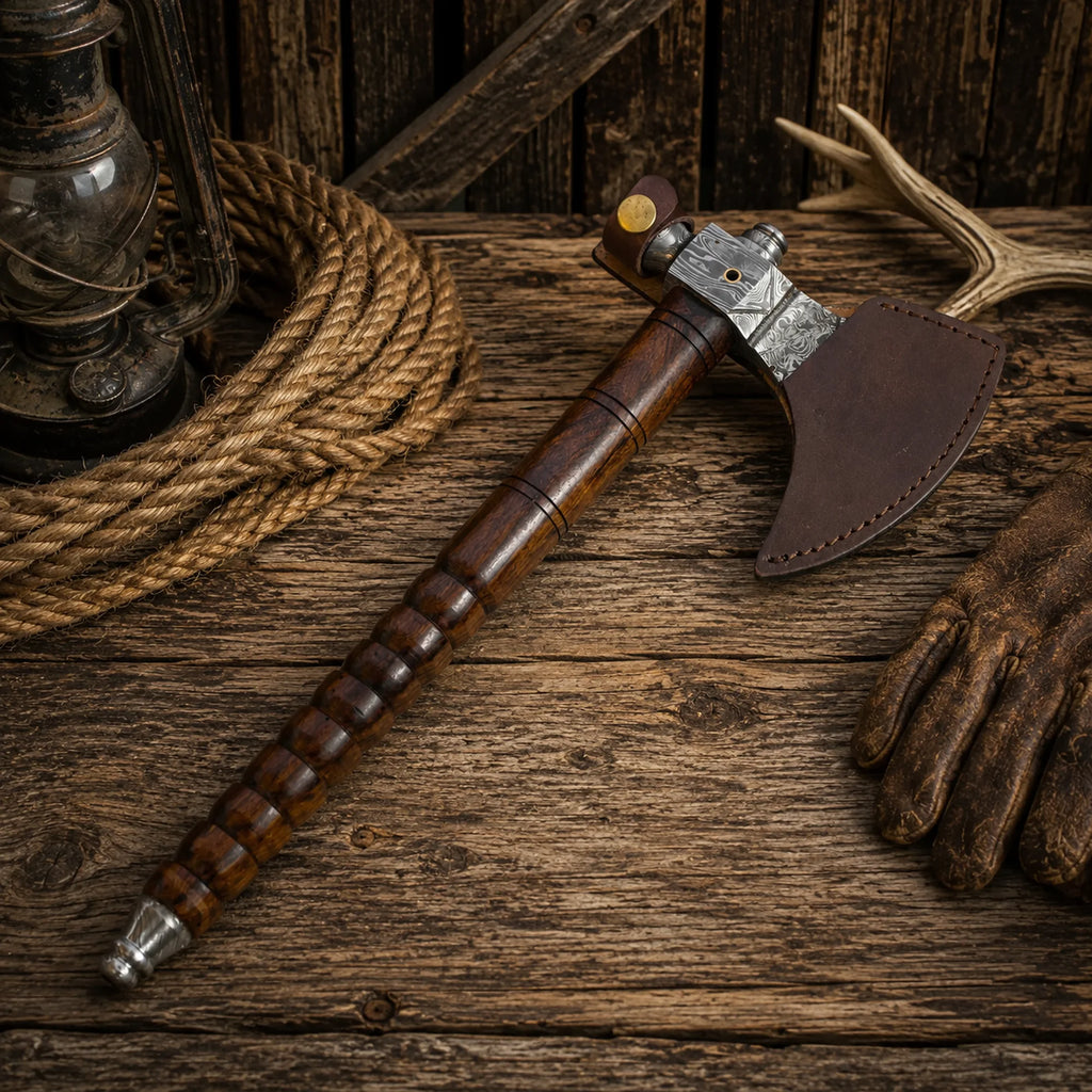 Handmade Damascus Steel Tomahawk Axe | Smokey Wood Throwing Hatchet