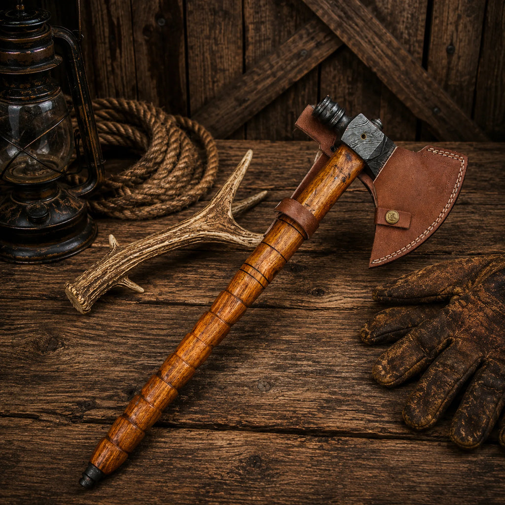 Handmade Damascus Steel Pipe Tomahawk Axe with Wood Handle & Sheath