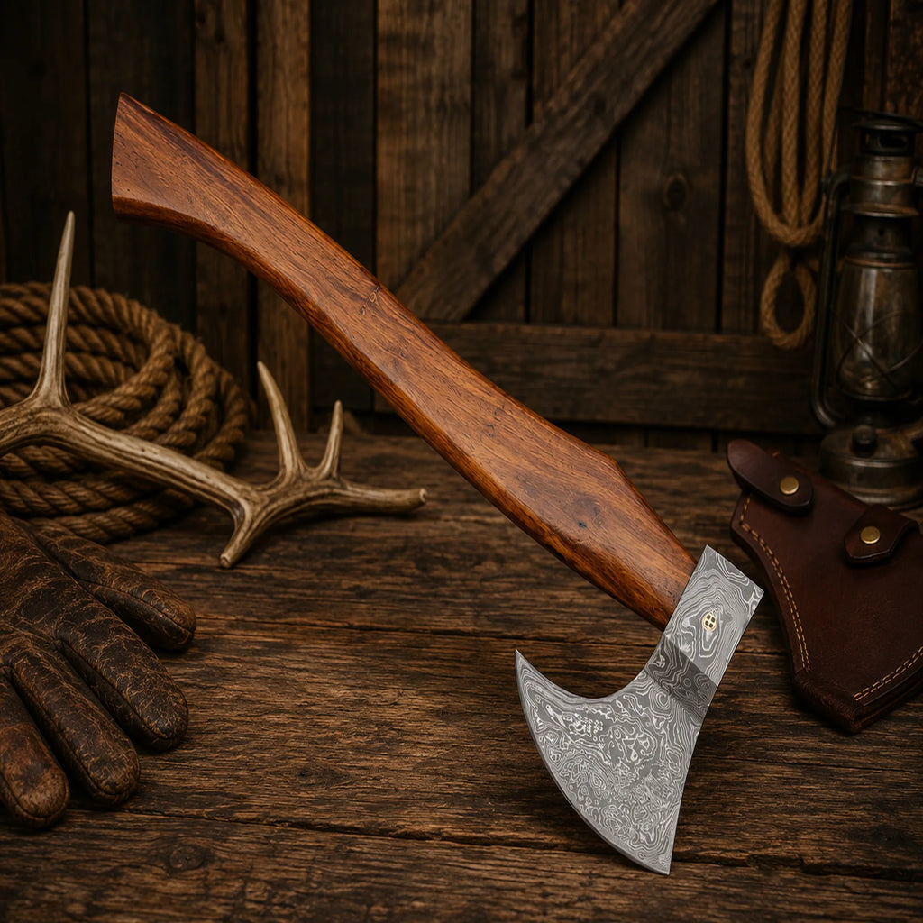 Viking Style Damascus Steel Axe with Leather Sheath & Rosewood Handle
