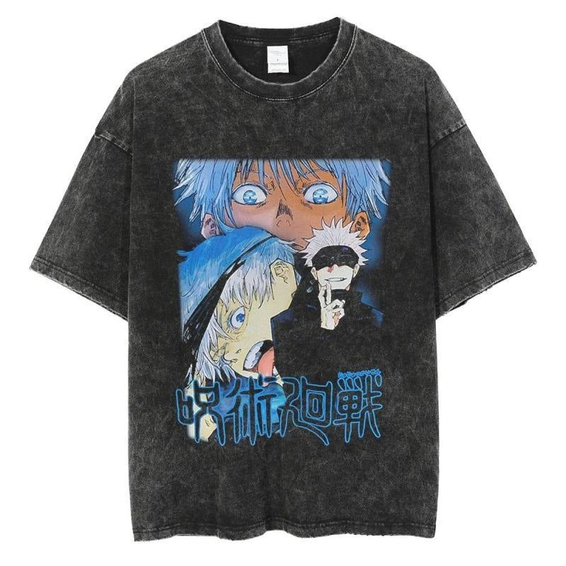 Printed T-shirt Retro Hiphop Anime Character Satoru Gojo T-shirt Loose Cotton Summer