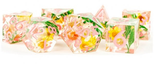 Handmade Sharp Edge Resin Dice Set: Chrysanthemum with Pink Numbers (7-Piece Polyhedral)