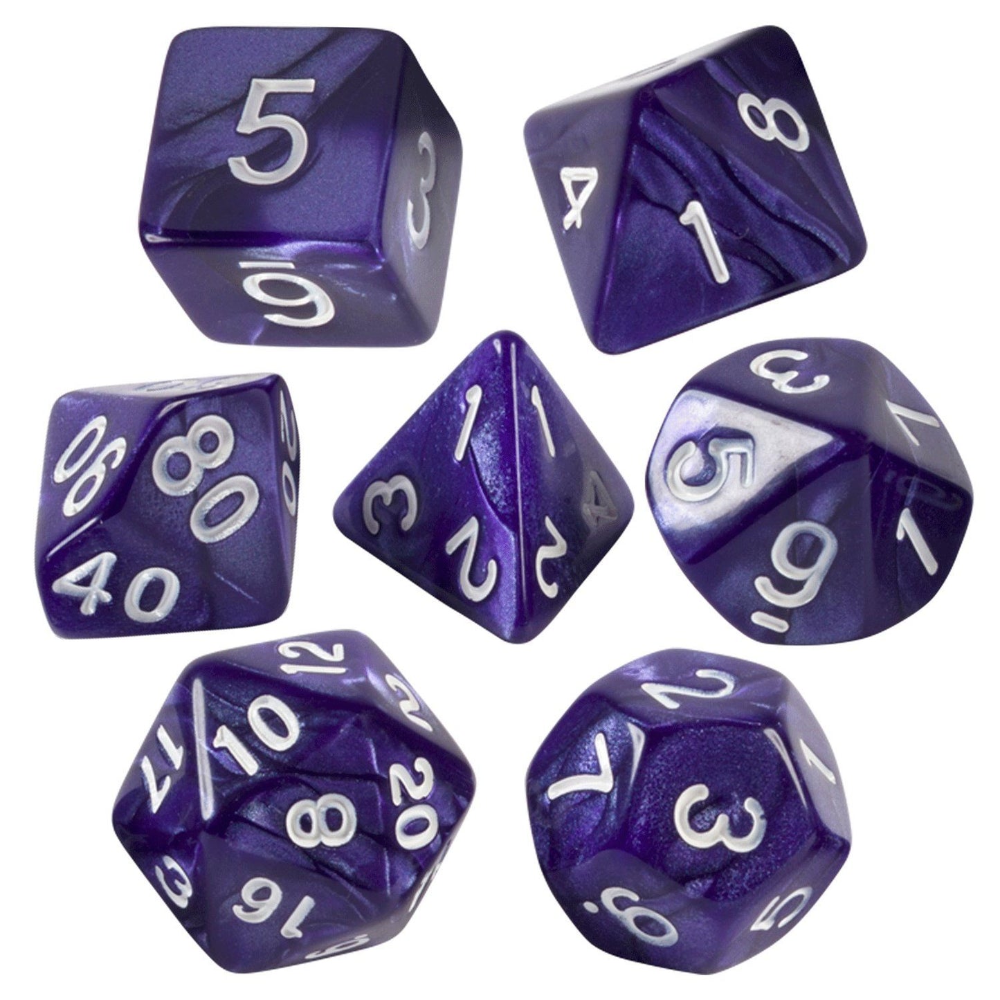 Purple Marbled Dice - 7 Piece Set with Bag