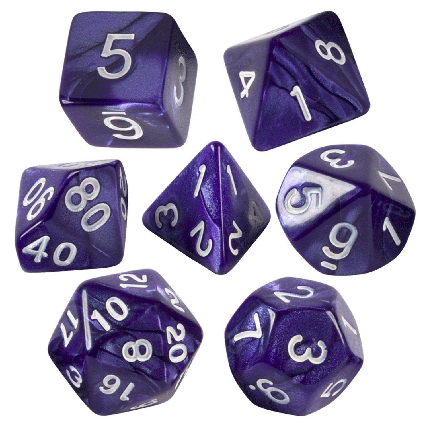 Purple Marbled Dice - 7 Piece Set with Bag - 