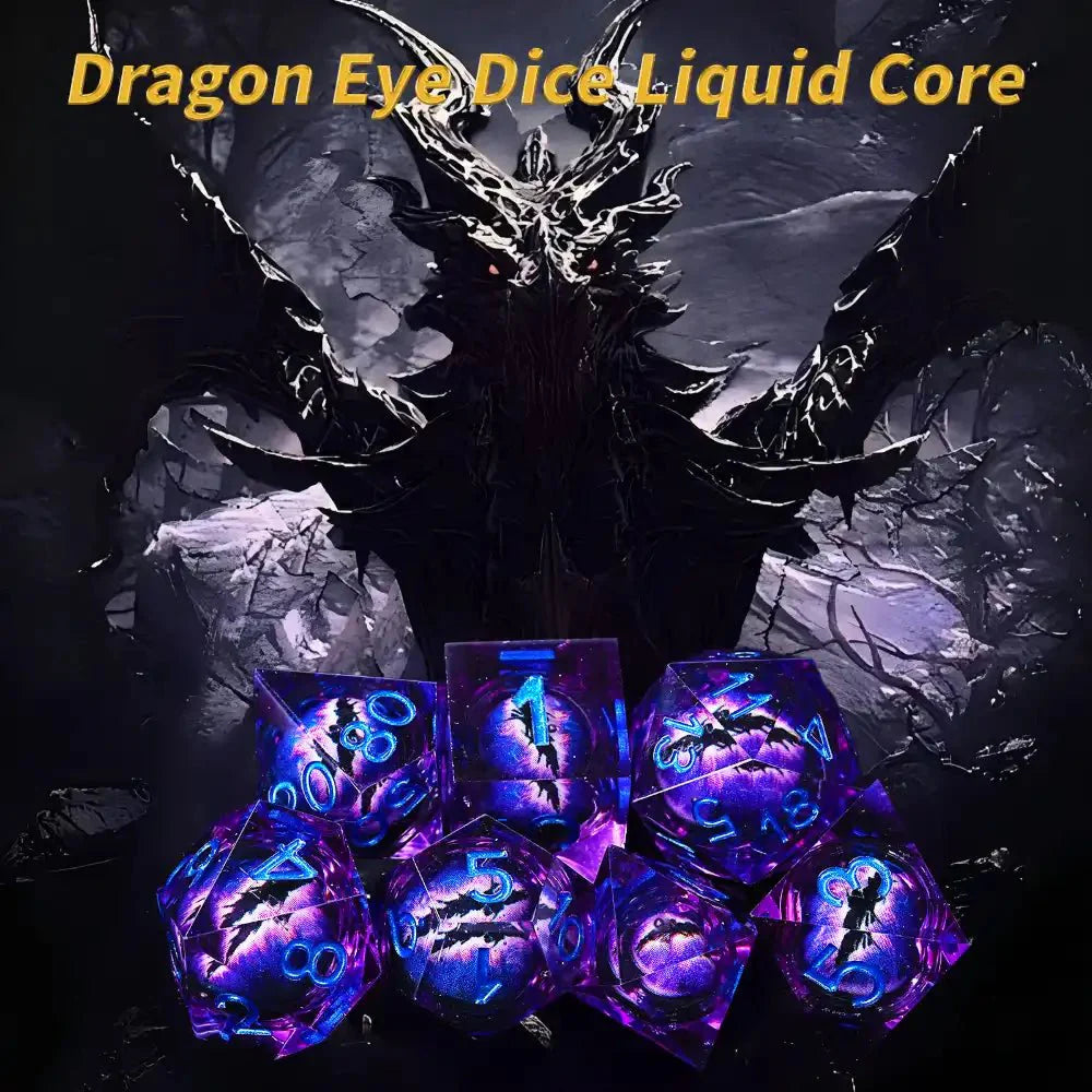Purple transparent resin liquid core dragon eye DND dice set + Blue Font