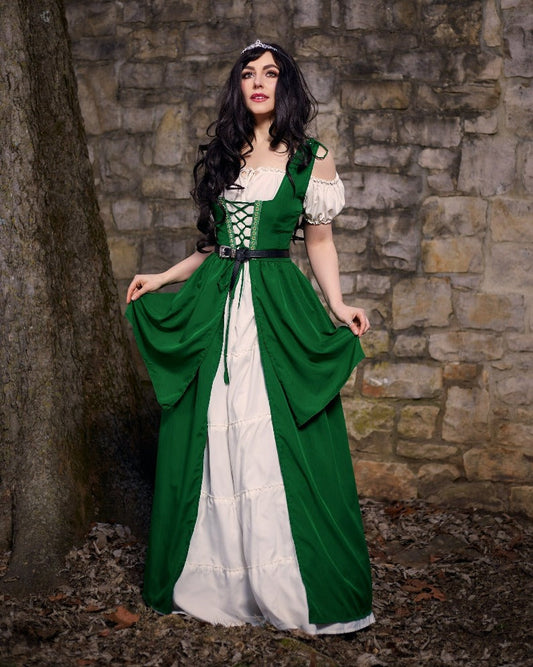 Renaissance Faire Layered Full Costume Fitted Lace-up Irish Dress with Capped Sleeve Chemise