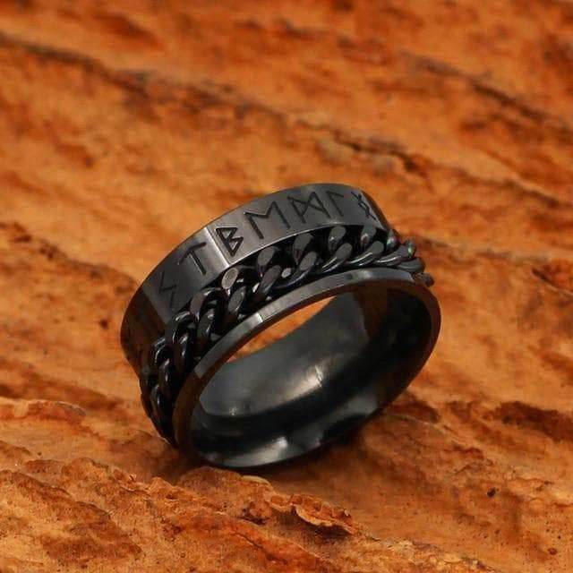 Viking Nordic Runes Solid Stainless Steel Ring - 6 / Black Plated