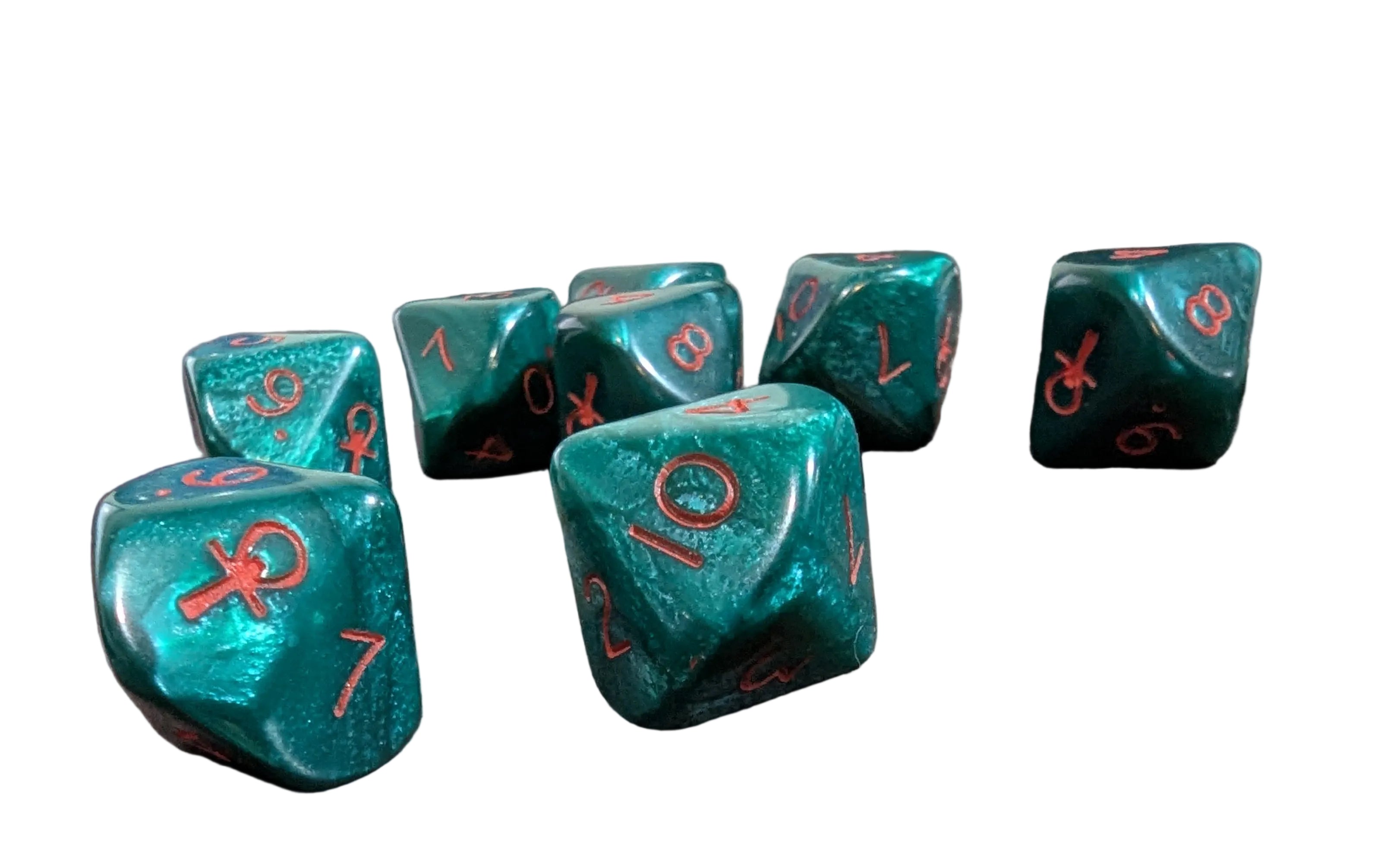 Pearlescent Ankh Numbered 2-10 w/Ankh on one side d10 Green/red numbers
