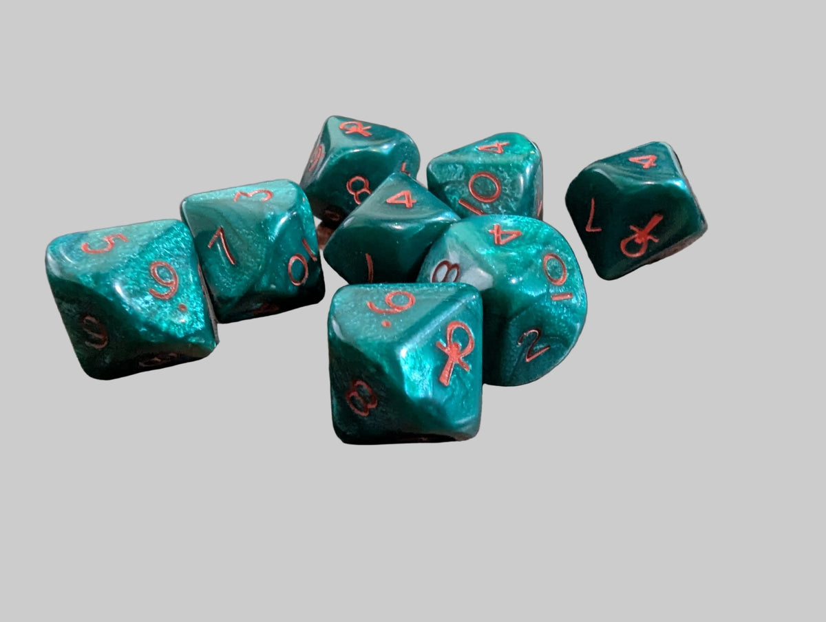 Pearlescent Ankh Numbered 2-10 w/Ankh on one side d10 Green/red numbers