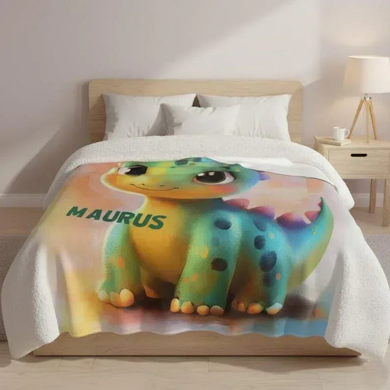 Custom Dinosaur Blanket: Rainbow Flannel Fleece Nursery Throw, Super Soft Name Gift
