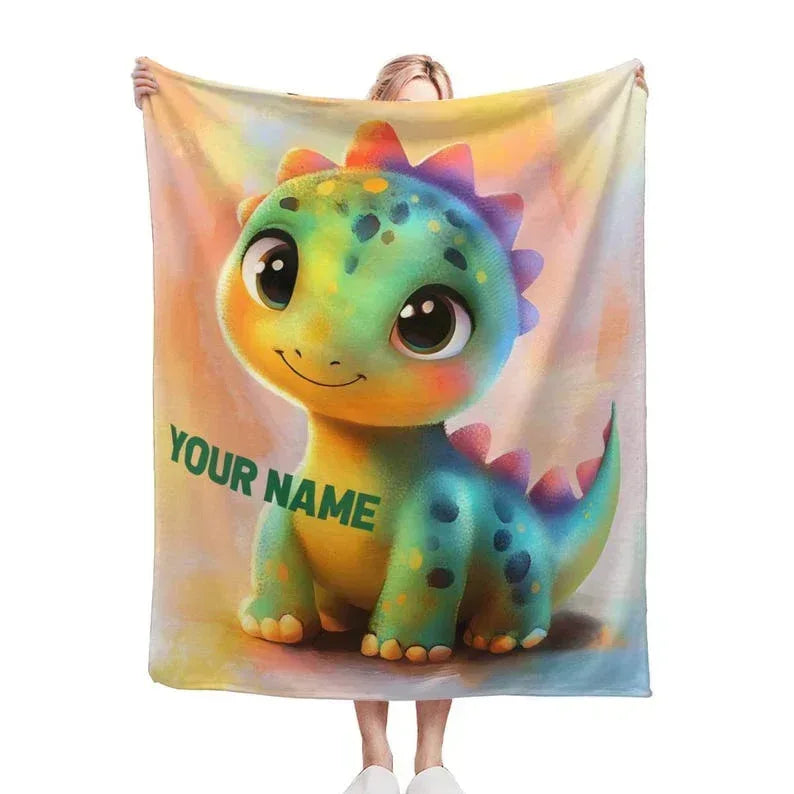 Custom Dinosaur Blanket: Rainbow Flannel Fleece Nursery Throw, Super Soft Name Gift