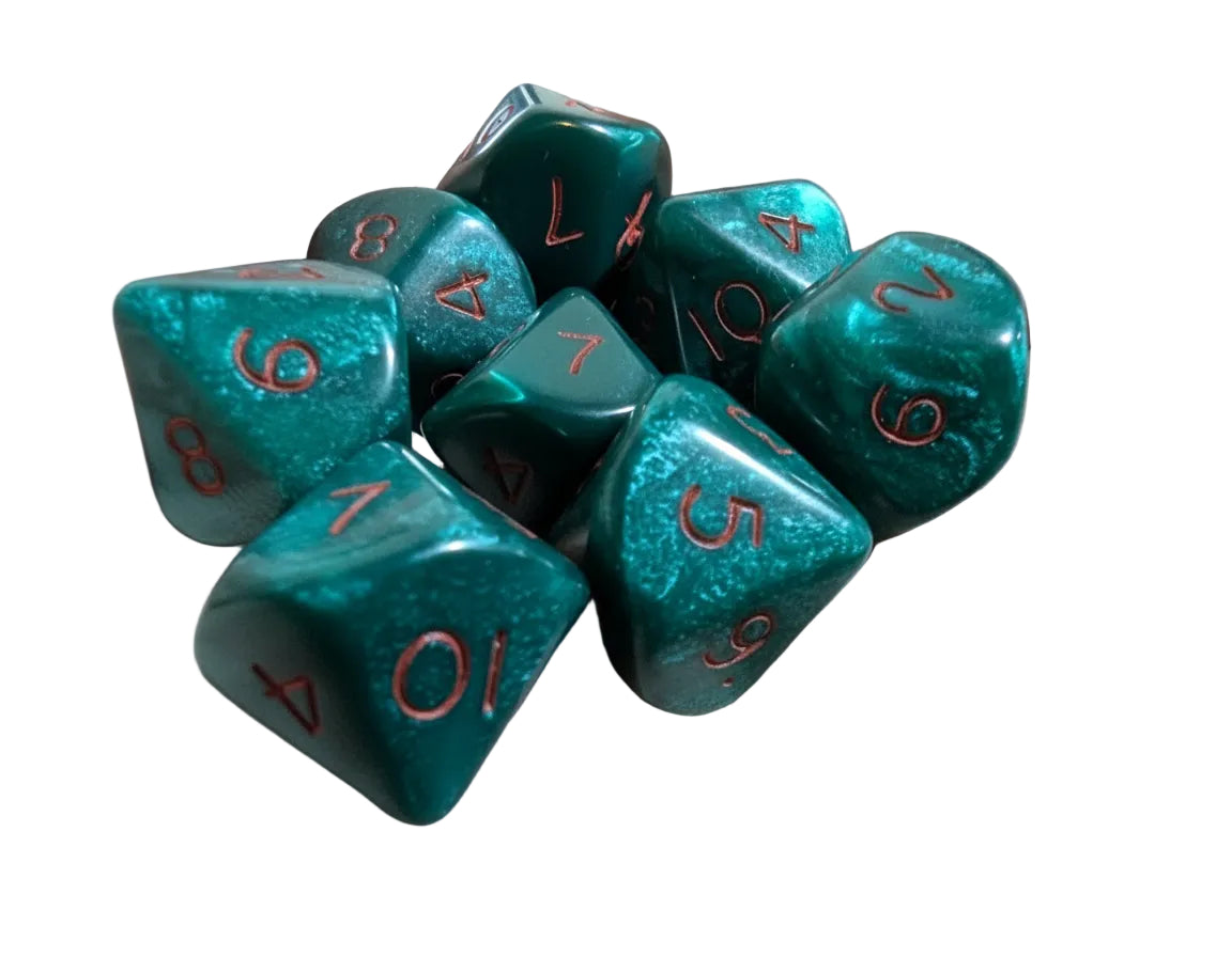 Pearlescent Ankh Numbered 2-10 w/Ankh on one side d10 Green/red numbers