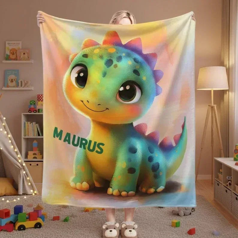 Custom Dinosaur Blanket: Rainbow Flannel Fleece Nursery Throw, Super Soft Name Gift