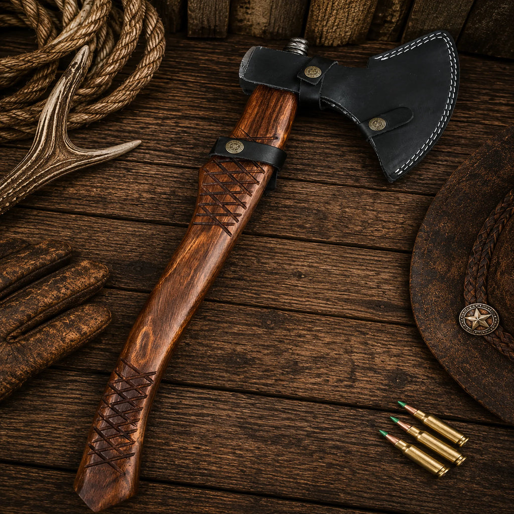 Custom Damascus Steel Axe with Rosewood Handle | Handmade Camping Hatchet