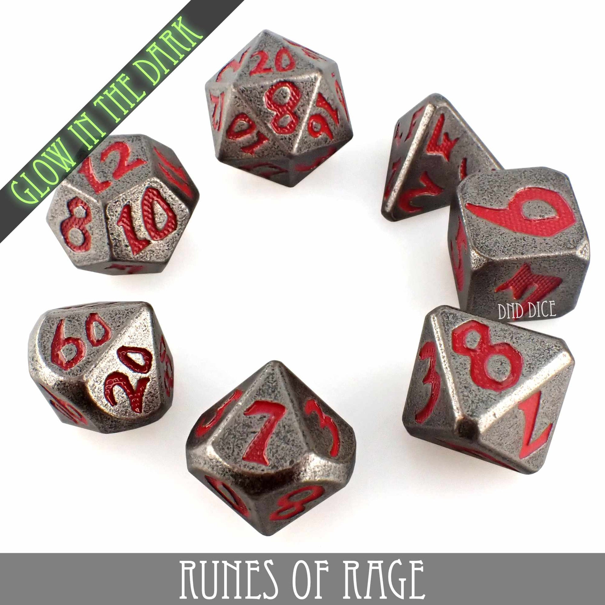 Runes of Rage Glow in the Dark Metal Dice Set