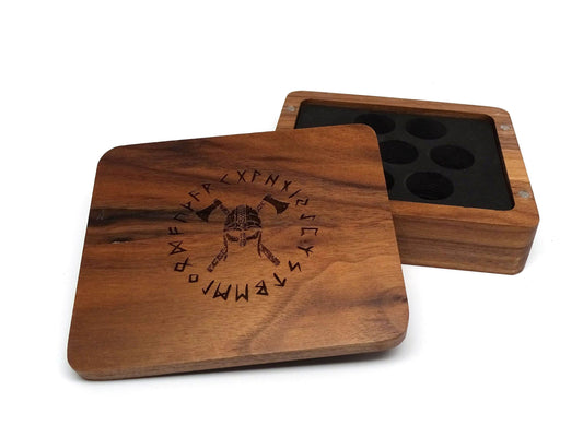 Runic Battle Helmet Wooden Dice Case - Walnut Wood