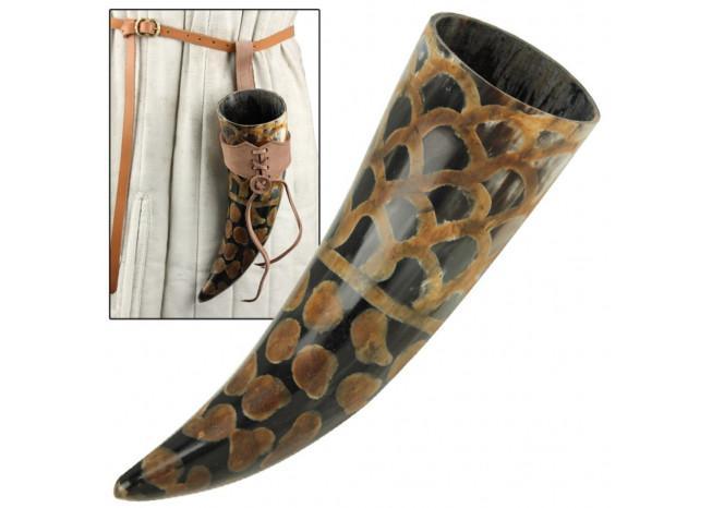 Scales Medieval Drinking Horn with Brown Leather Holder