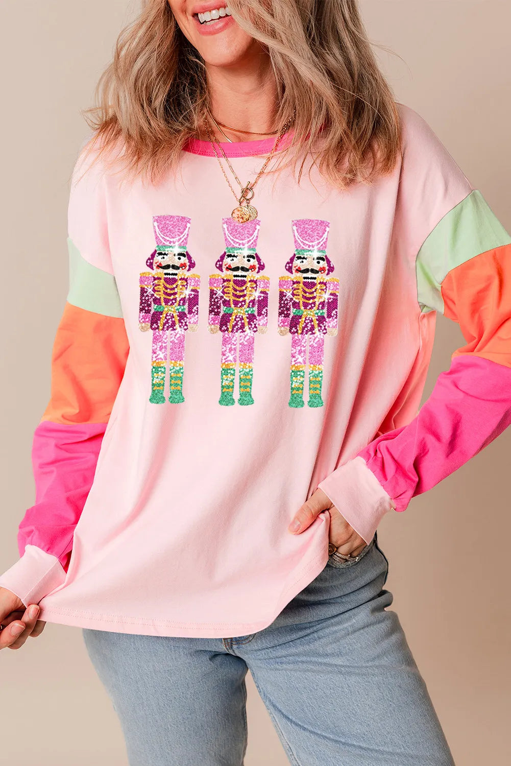 Sequin Nutcracker Round Neck Long Sleeve Top