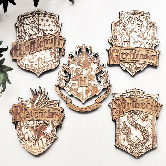 Set of 5 Harry Potter Wooden Coasters - Handmade Gift - Housewarming - Wood Kitchenware - Hogwarts Schools