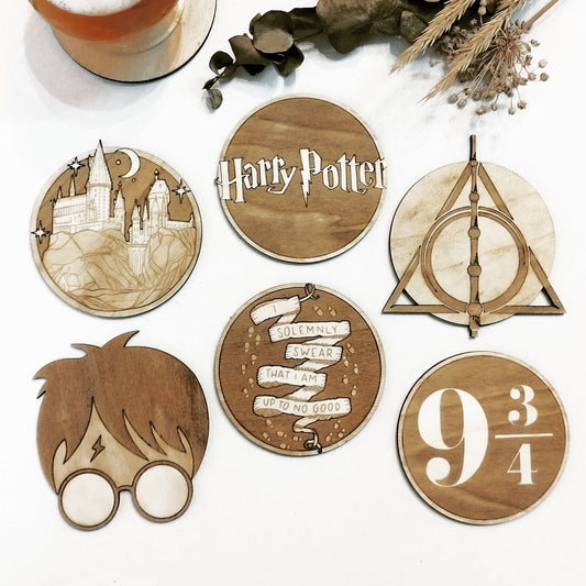 Set of 6 Harry Potter Wooden Coasters - Handmade Gift - Housewarming - Wood Kitchenware