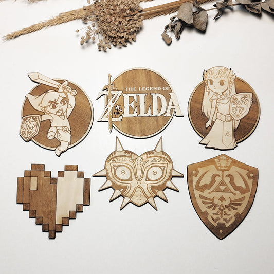 Set of 6 Legend of Zelda Wooden Coasters - Handmade Gift - Housewarming - Wood Kitchenware - Rock Band