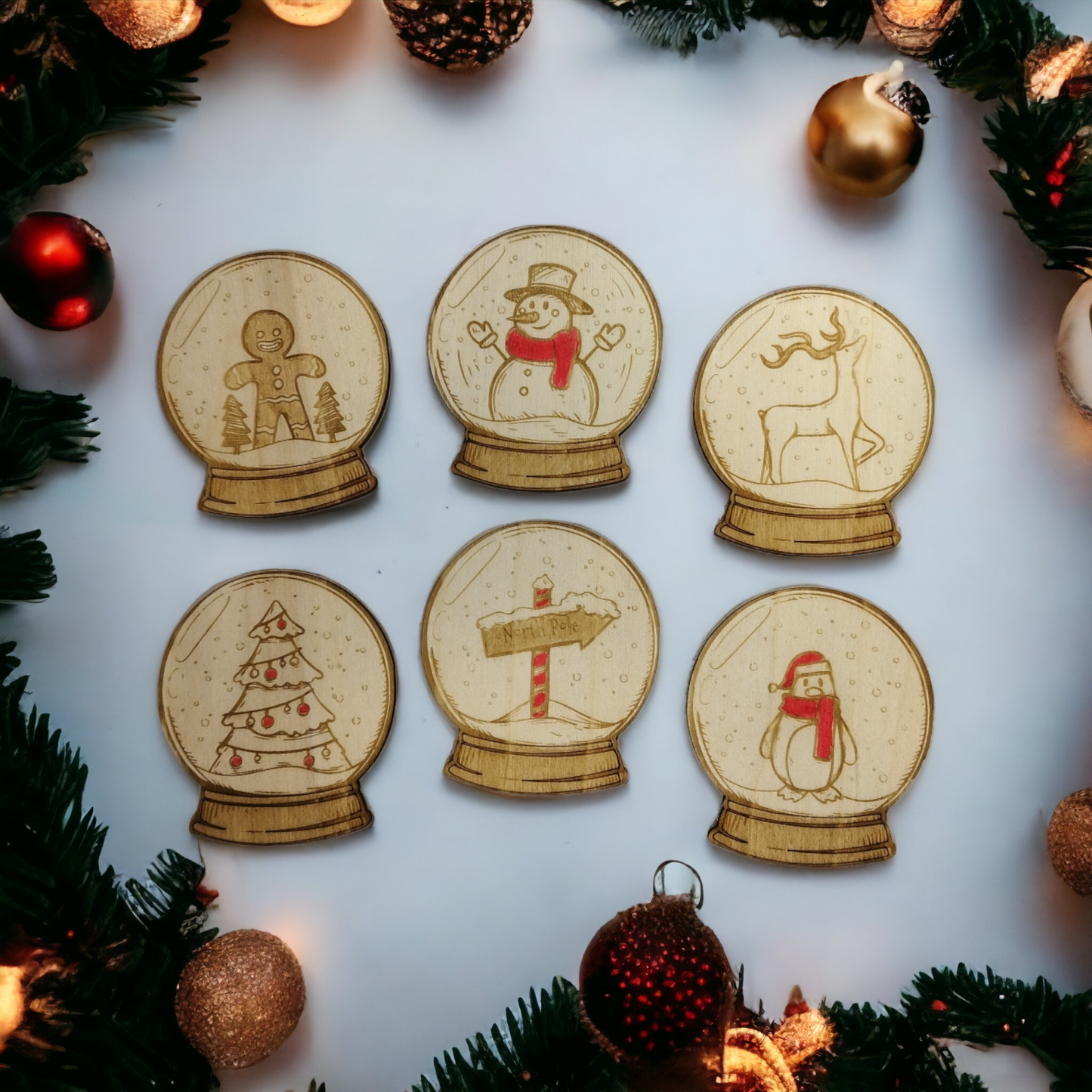 Set of 6 Snow Globes Wooden Coasters - Handmade Gift - Christmas Decor - Wood Kitchenware