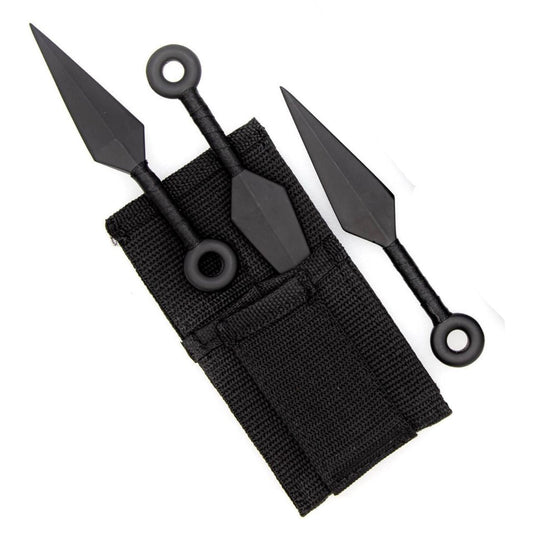 Shadow Strike Trio Black-Wrapped Mini Kunai Throwing Knives Set with Belt Pouch