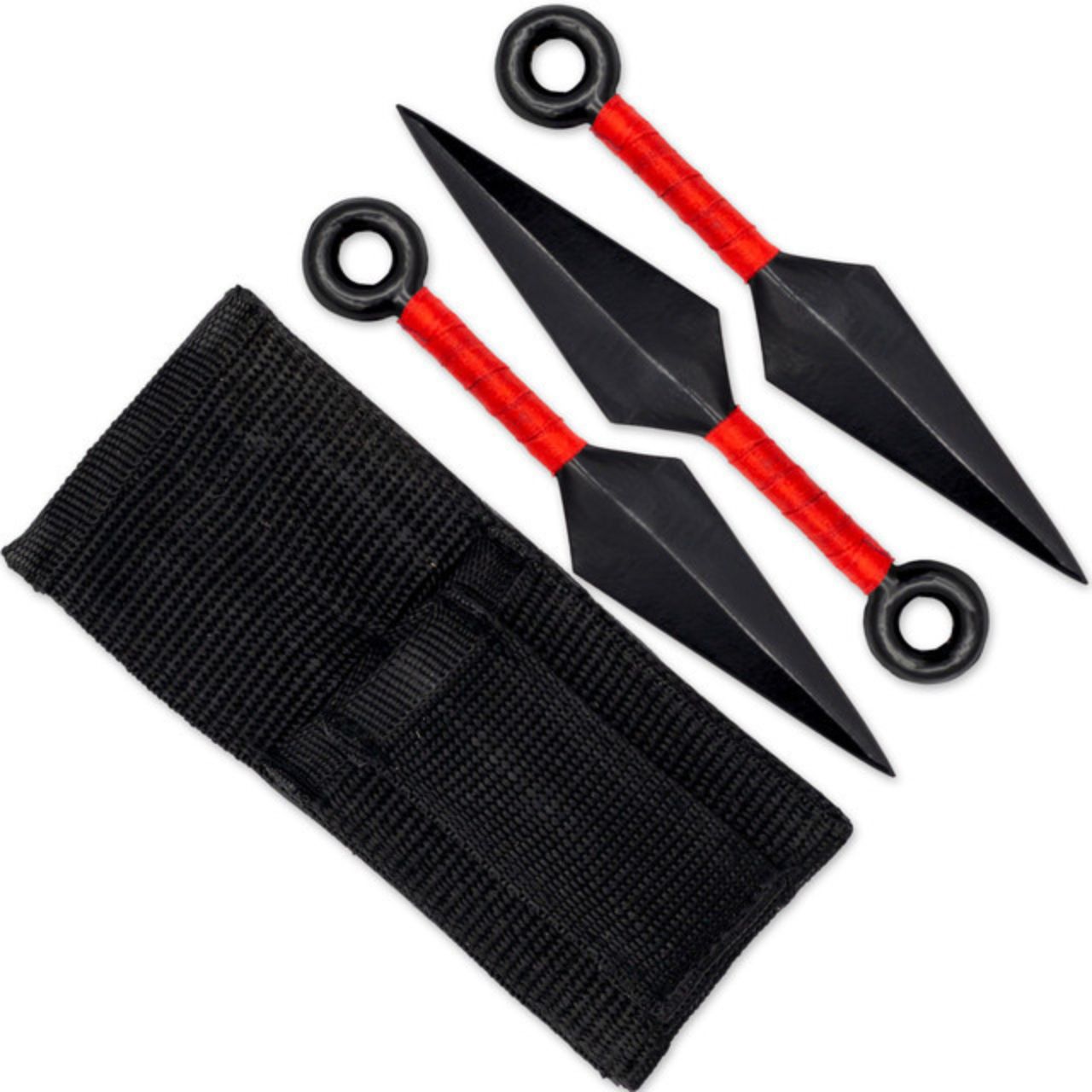 Shadow Strike Trio Red-Wrapped Mini Kunai Throwing Knives Set with Belt Pouch