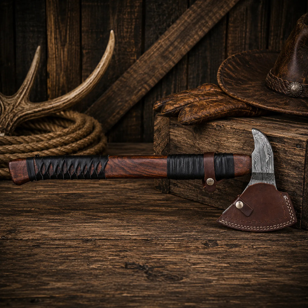 Viking Bearded Axe – 23" Handmade Damascus Steel Axe with Leather Sheath