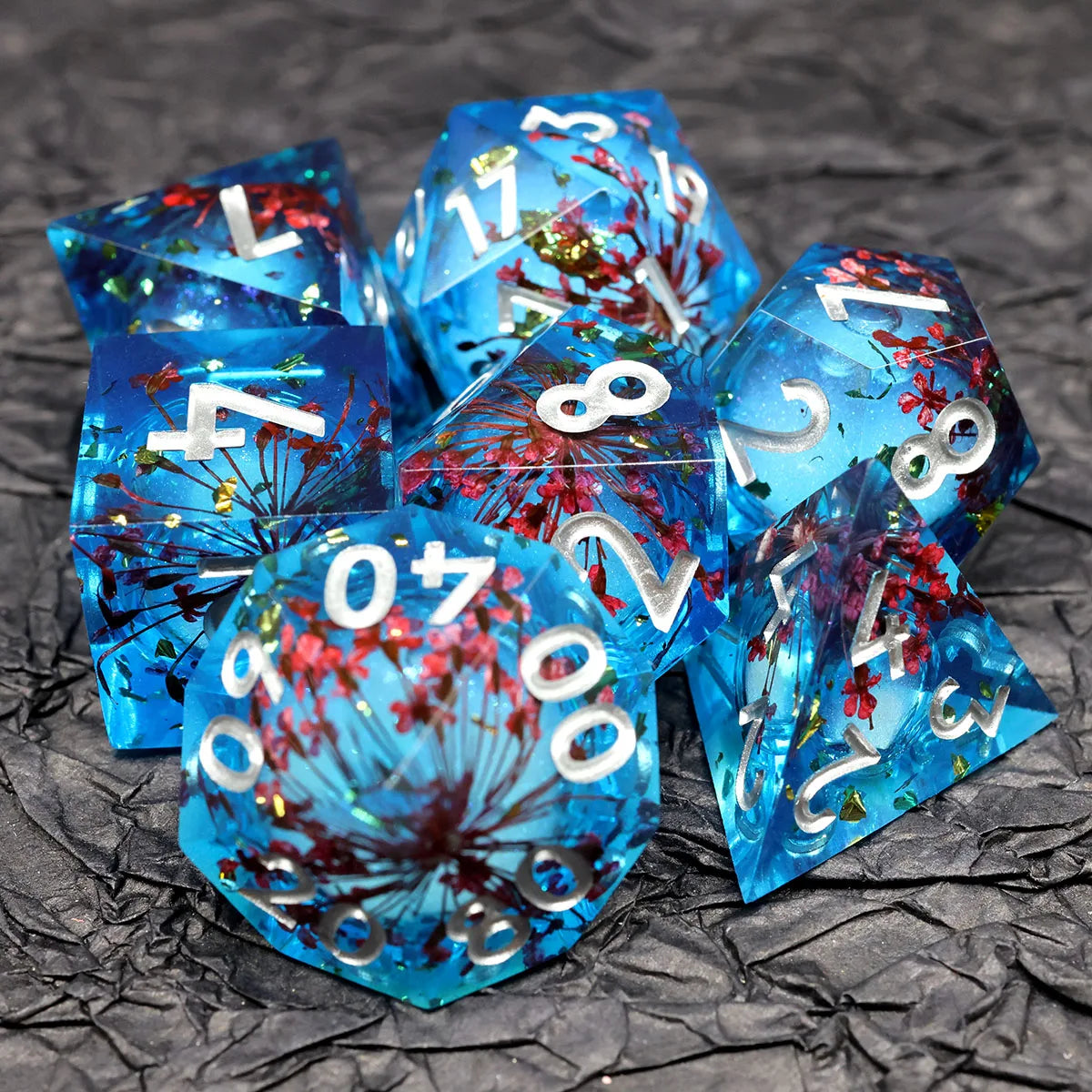 Sharp Edge Blue Transparent Liquid Core DND Dice Set With Flower For Role Playing Board Games D&D Dados De RPG