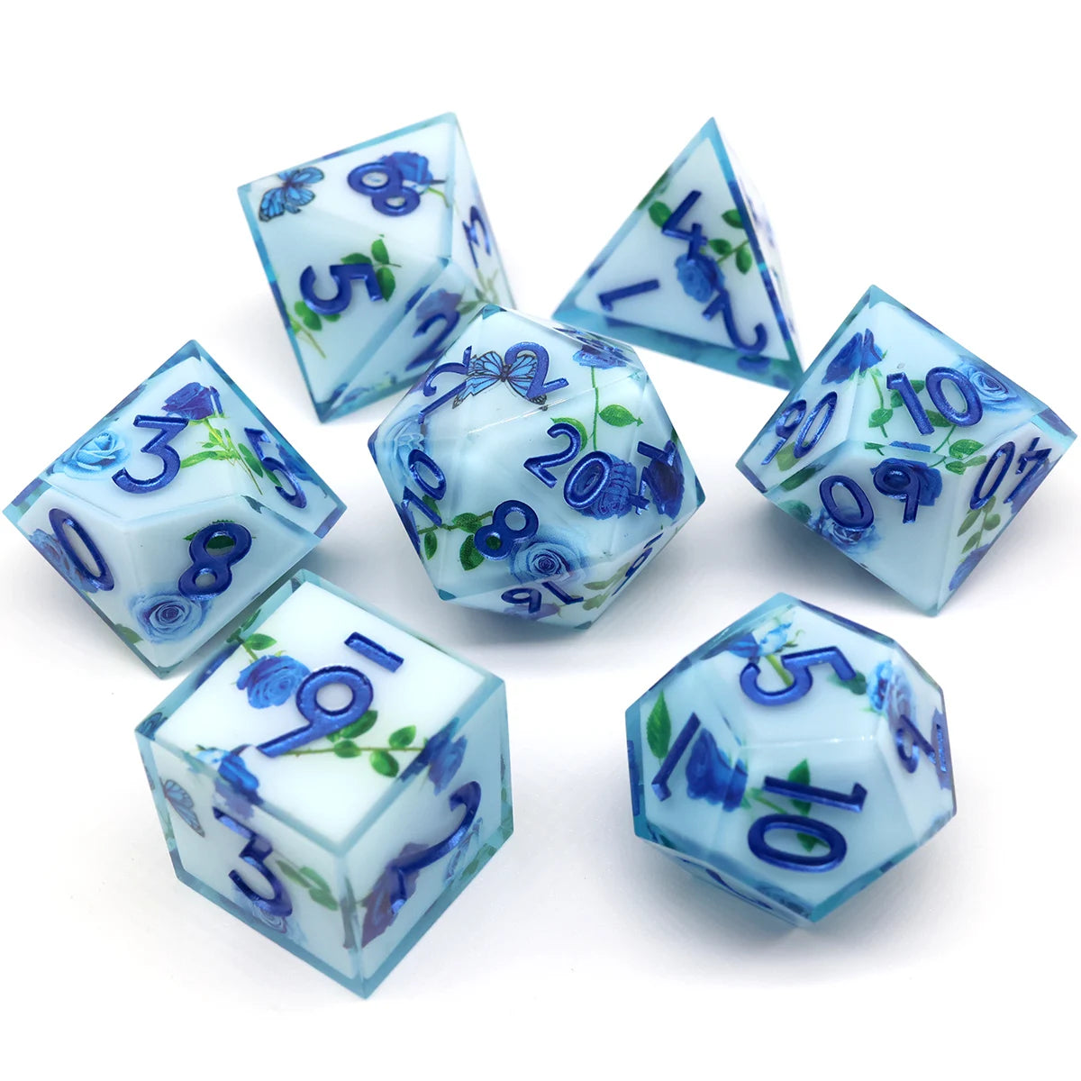 Sharp Edge Blue Transparent Liquid Core DND Dice Set With Flower For Role Playing Board Games D&D Dados De RPG