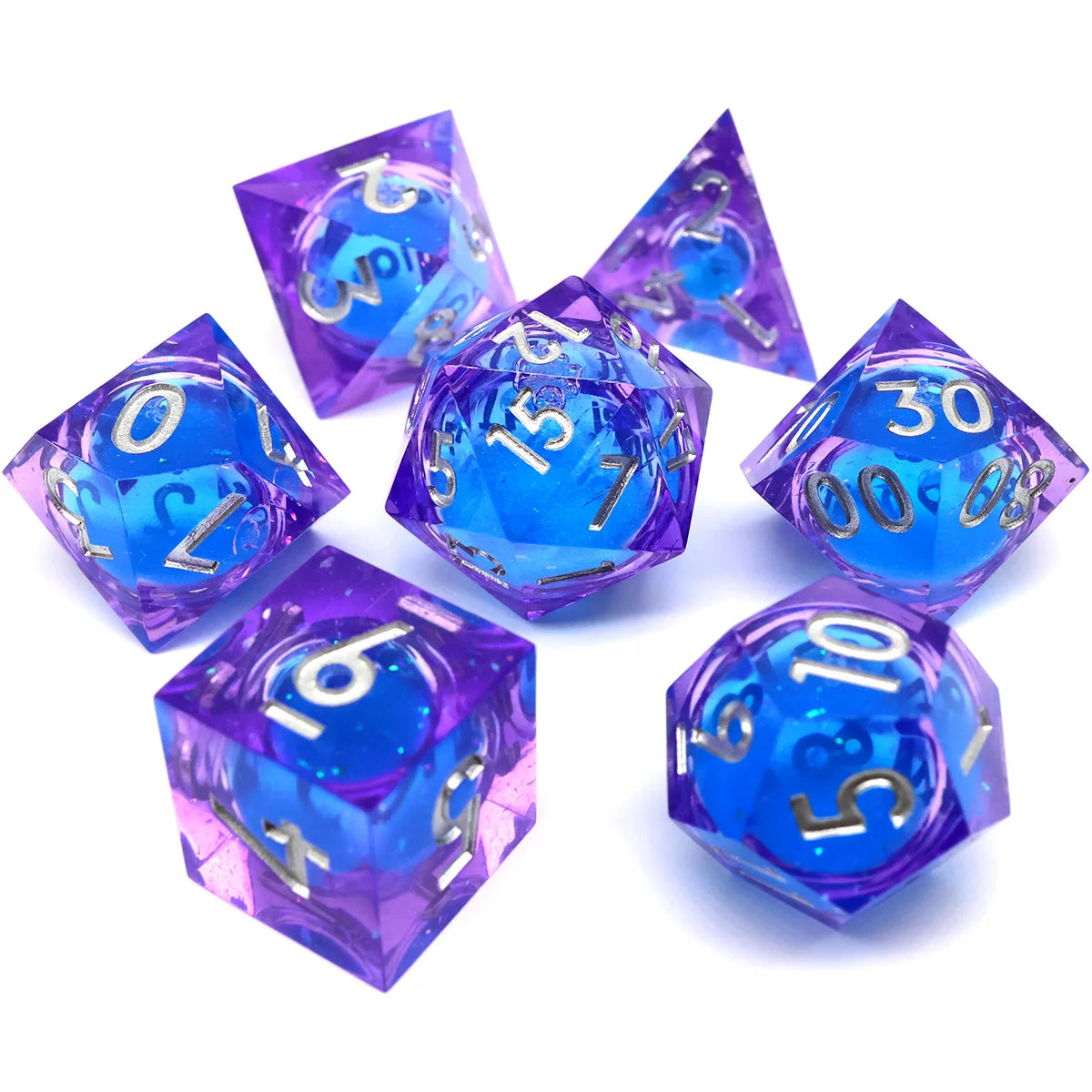 Sharp Edge Blue Transparent Liquid Core DND Dice Set With Flower For Role Playing Board Games D&D Dados De RPG