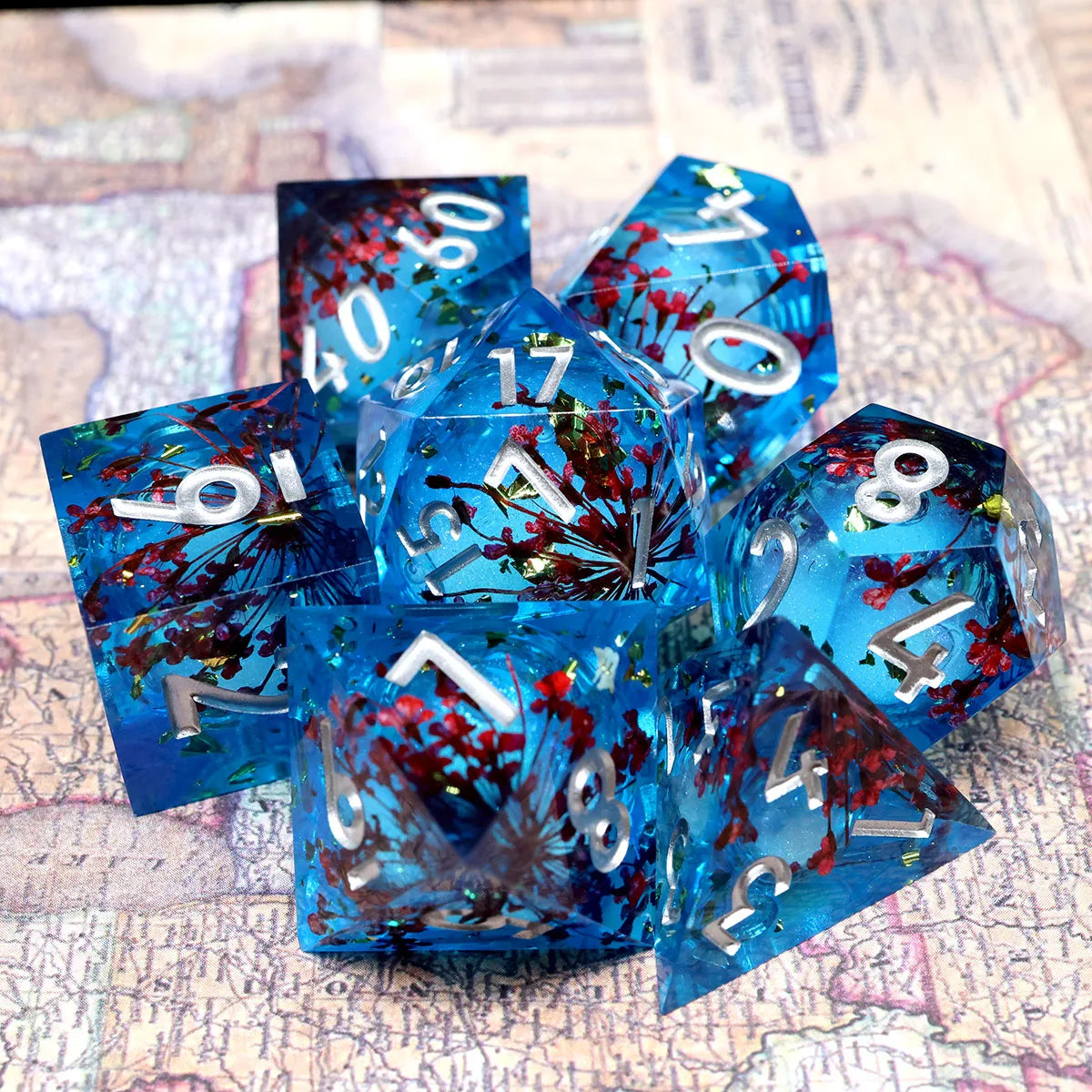 Sharp Edge Blue Transparent Liquid Core DND Dice Set With Flower For Role Playing Board Games D&D Dados De RPG