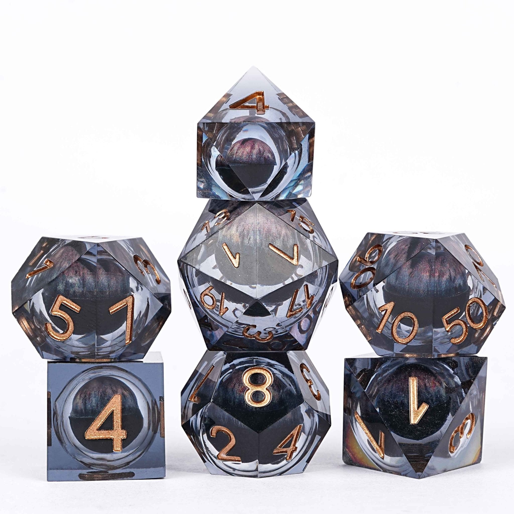 Sharp-edged black dragon's eye transparent liquid core resin DND dice set + copper font