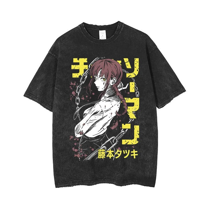 Shi Anime Chainsaw T-shirt Printed Shirt Retro Washed Outdated Printed Casual Short Sleeve