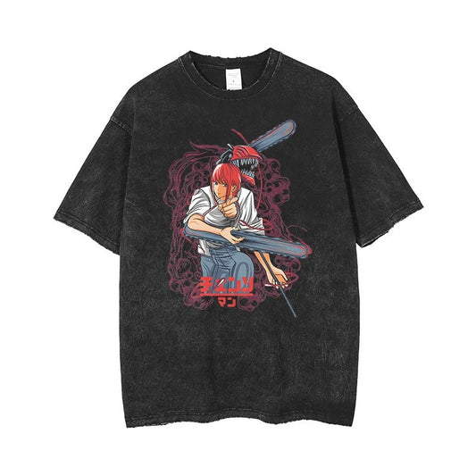 Shi Anime Chainsaw T-shirt Printed Shirt Retro Washed Outdated Printed Casual Short Sleeve